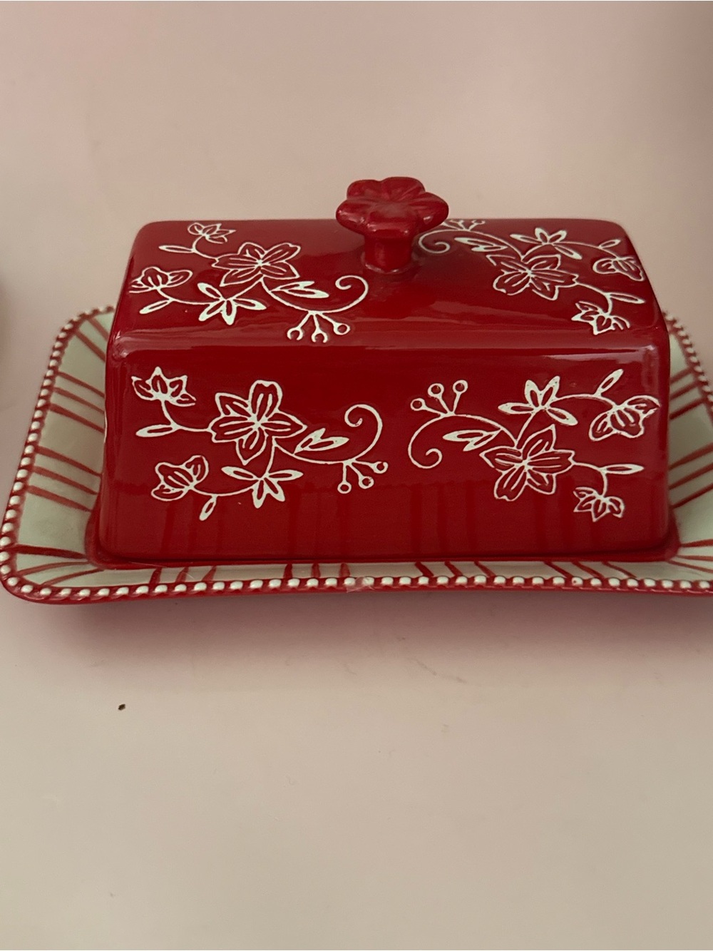 Red Floral Ceramic Butter Dish with Lid - Decorative Kitchen Storage